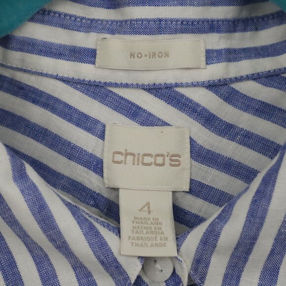 Chico's No-Iron Linen Shirt Womens XXL Blue Preppy Nautical Coastal Classic - Picture 2 of 16